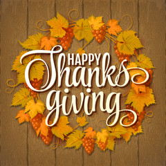 Happy Thanksgiving with text greeting and autumn leaves . Vector illustration EPS 10