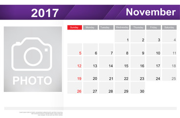 Year 2017 November month simple and clear design calendar templa