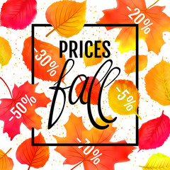 Watercolor imitation autumn foliage vector sale banner. Prices fall lettering. Not trace.