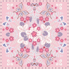 Decorative color floral background, strawberry and butterfly pattern  ornate lace frame. Bandanna shawl fabric print, silk neck scarf, kerchief design, vector illustration. Fruit square decoration