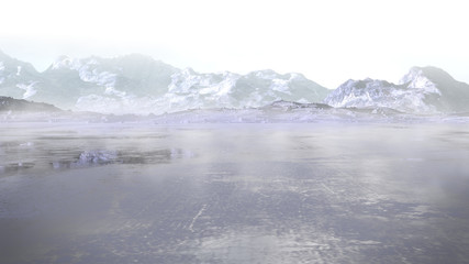 frozen lake with surrounding snow covered rocky mountains (3d illustration)