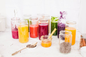 Smoothies, juices, beverages, drinks variety with fresh fruits and berries