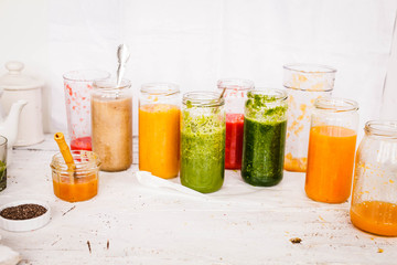 Smoothies, juices, beverages, drinks variety with fresh fruits and berries