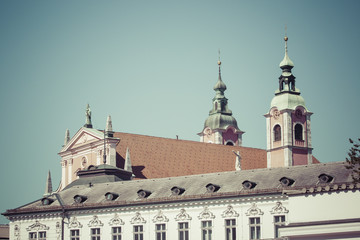 Franciscan Church of the Annunciation and famous Wiener Sezession facades, architecture by Ivan Vurnik on capital of Slovenia, Europe.