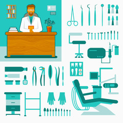 Dental office. Smiling dentist in costume at the table. Set of  tools and equipments