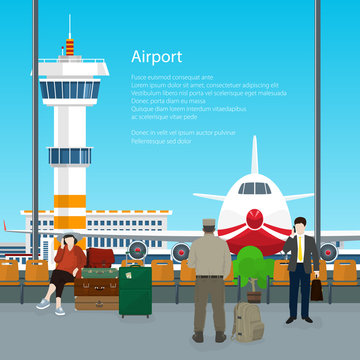 Waiting Room with People in Airport and Text , View on Airplane and Control Tower through the Window from a Waiting Room , Travel Concept, Flat Design, Vector Illustration