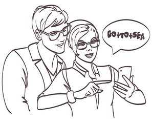 Vector hipster couple looking phone. Love couple.Pop Art Couple.Pop Art love. Valentines day postcard. Real love. Movie poster. Comic book love. eps 10