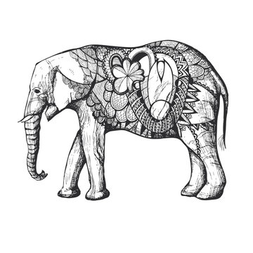 Hand Drawn African elephant. Black silhouette with decorative elements.