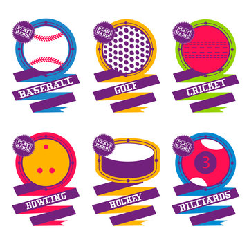  Sports Balls logo. Golf, hockey, billiard, baseball, bowling, cricket.