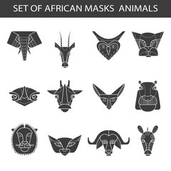 Set of african masks animals. Owl, leopard, elephant, gazelle, ostrich, giraffe, lion, sand-dune cat, fennec fox, hippopotamus, buffalo, zebra