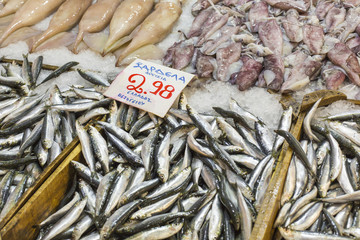 Variety of fish and seafood on local greece market.