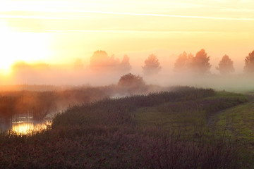 Fog over the small river in the morning
