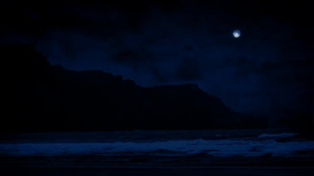 Sea Shore And Cliffs At Night With Moon
