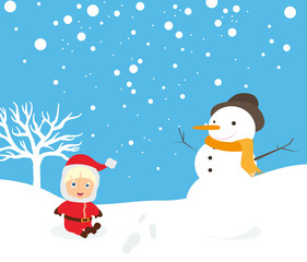 Winterliche Landschaft mit Schneemann und Kind verkleidet als Weihnachtsmann
