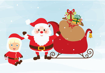 Weihnachtsmann mit Kind und Schlitten