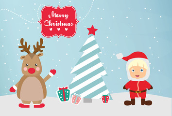 Rudolph und Weihnachtsmannkind am Tannenbaum