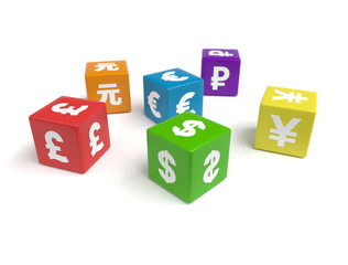 Obraz premium 3d colorful cubes of different currencies symbols