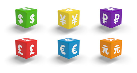 Obraz premium 3d colorful cubes of different currencies symbols