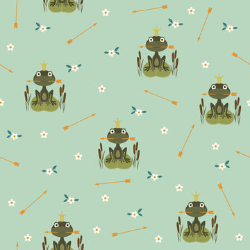 Seamless pattern with princess frog holding an arrow