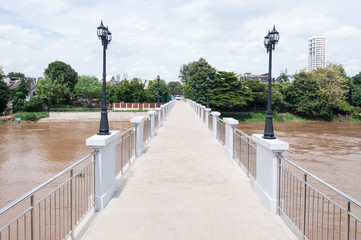 cement bridge Walking path and Street lamp,Ping River Bridge,chiangmai Northern Thailand.Copy space