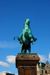 statue of Bishop Absalon and horse, St Kunsthallen Nikolaj church in Copenhagen, Denmark