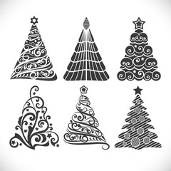 Christmas tree black shapes set isolated on white background for