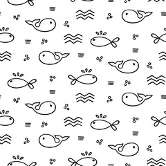 Decorative hand drawn fish seamless pattern