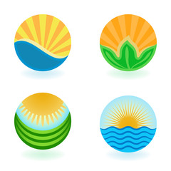 Colorful summer round emblems vector set isolated on white backg