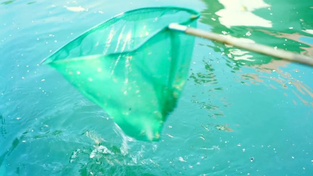 Someone plunges net in the water in order to catch some fishes
