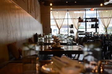 Restaurant tables set vintage wood dining 