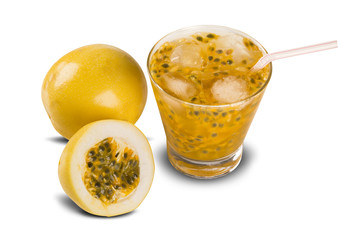 Fresh drink made with passion fruit Caipirinha on white backgrou