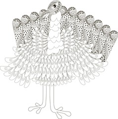 Black and white sketch of a ornamental turkey, hand drawn vector illustration