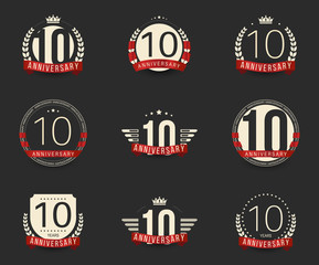 Ten years anniversary celebration logotype. 10th anniversary logo set.