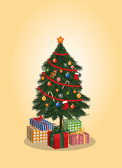 vector illustration of christmas tree with ornaments and  present boxes under christmas tree