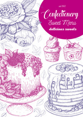 Vector design with ink hand drawn cake, pie ice cream and wafers. Vintage template for bakery menu or sweet home shop. Background with dessert sketch. Vector illustration in retro Linear style.