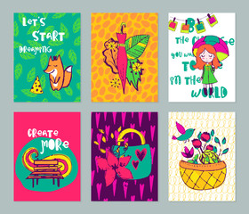 Fototapeta premium Autumn funny hand drawn cards set