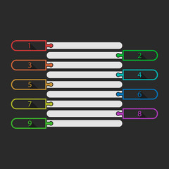 Nine options list with numbers marks and text fields. Isolated on black background. Vector Illustration, eps 8.