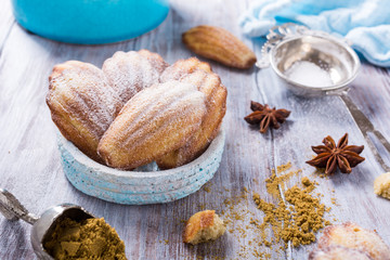 Homemade anise cookies Madeleine on old white background. Holidays food.