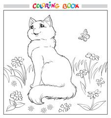 Coloring book or page. Cat sit on grass among flowers and butterfly. Vector illustrstion.