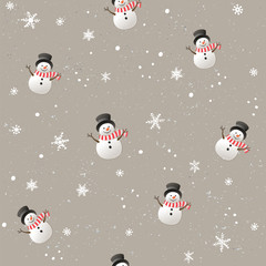 Christmas seamless pattern with happy snowman and flakes.