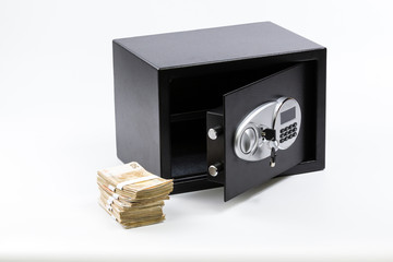 Obraz premium Open Safe Deposit Box, Pile of Cash Money, Euros