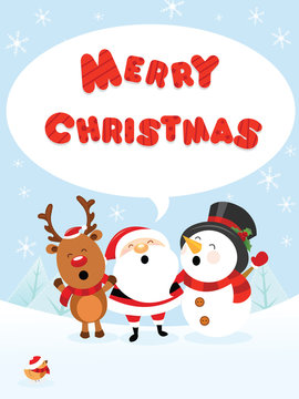 Santa Reindeer and Snowman Celebrating Christmas