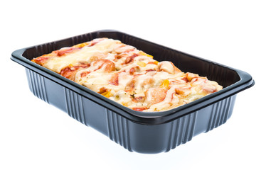 Delicious pizza in plastic container isolated on white backgroun