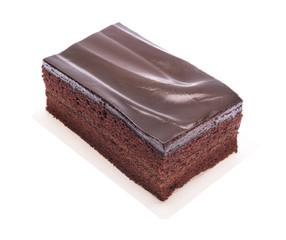 Chocolate cake slice on white background