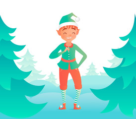 Little elf standing near the Christmas tree. Vector design template. Cute boy