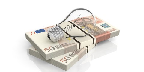 Light bulb on 50 euro banknotes stack. 3d illustration