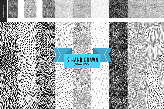 Handdrawn black and white patterns set. Fur or leaves seamless black and white patterns