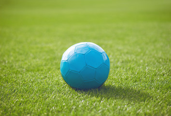 Blue soccer ball on a green grass