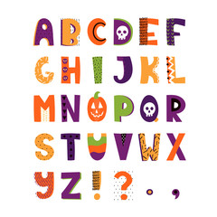 Halloween hand drawn colorful alphabet