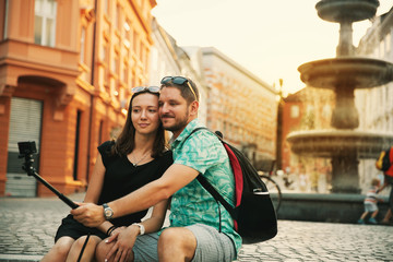 Couple of Lovers in Old Town Center of Ljubljana, Slovenia.